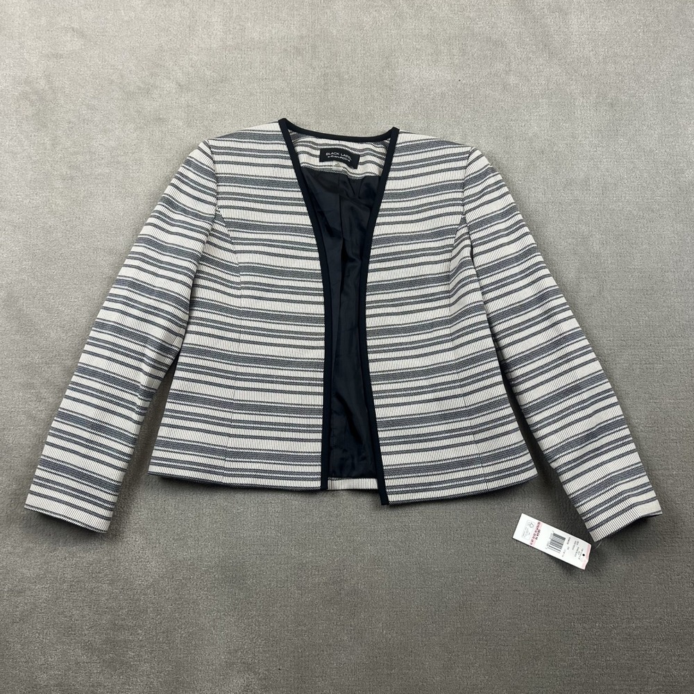 Evan-Picone Black Label Blazer Women 10 Khaki Black Striped Collarless Jacket NW